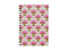 Photo shows a notebook on a white background. The notebook has a modern, geometric floral pattern in shades of bright pink and vibrant mustard yellow. It has a slight art deco inspiration and is a lovely stationery piece for making each day feel special.