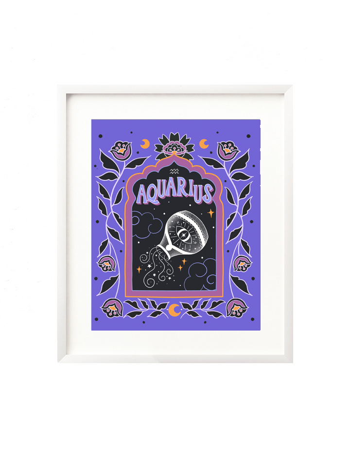 A framed art print - the illustration is a depiction of the Aquarius zodiac sign. The water bearer is illustrated by a cosmic vessel with an intuitive eye being poured into a starry night sky. It is surrounded by whimsical clouds, and framed by bright vibrant florals.