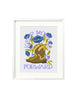 A framed art print - the illustration is of a brown cowgirl boot, surrounded by vibrant purple and blue mushrooms and florals. Hand lettered is the message "Keep moving forward" in a groovy, retro inspired western style.